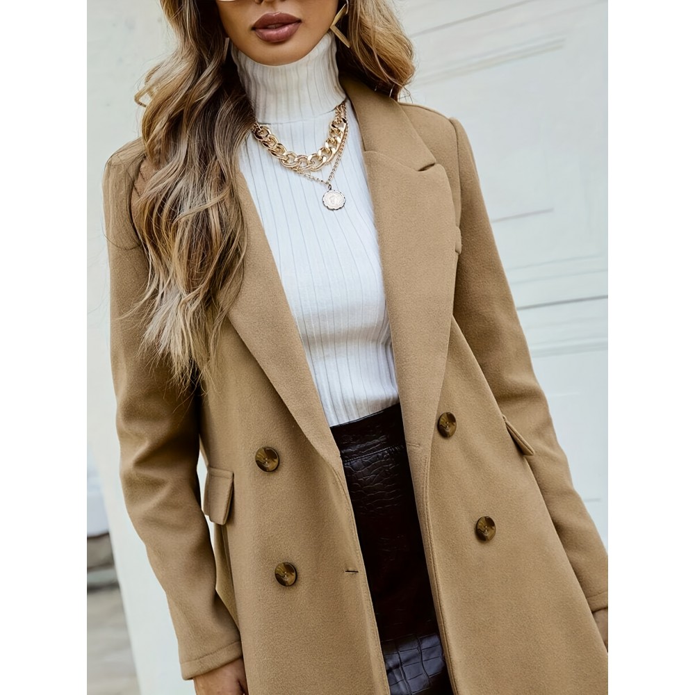 Women'S Chic Tweed Coat with Large Buttons - Long Winter Coat, Button-Up Front, Flap Pockets, and Belted Waist, Perfect for Fall and Winter, Winter Outerwear | Belted Waist Coat | Structured Design
