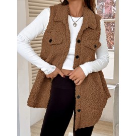 Women'S Elegant Sleeveless Flat Collar Button Front Jacket with Faux Pockets - Cozy Brown Plaid Pattern, Long Length, Perfect for Fall/Winter Casual Wear, Winter Clothes