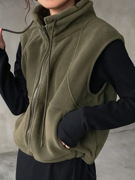 Women's Elegant High-Neck Sleeveless Zipper Jacket - Solid Color Olive Green Winter Coat, Full-Zip Closure, Structured Non-Stretch Design for Fall & Winter, Versatile Outerwear for Casual & Formal Occasions