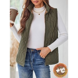 Elegant Women's Quilted Puffer Vest - Stand Collar, Button Front, Long Sleeve, Lightweight Polyester for Fall/Winter, Olive Green with Zip-Up Chest Pocket