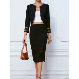 Women's Black Jacket - Elegant Lace Accent blazer, Machine Washable Office & Party Coat, Lightweight Three-Season Outerwear for Women (Spring/Fall/Summer) - Chic Women's Clothing, Versatile Fashion, Round Neckline, Sophisticated Design