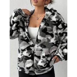 Women'S Cozy Faux Fur Plush Hooded Jacket - Autumn Winter Warm Coat with Zipper Pockets, Elegant Long Sleeve Outerwear for Fall/Winter, Cozy Fall Wear | Hooded Coat | Zippered Jacket