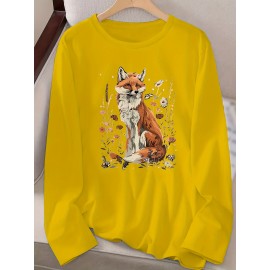 Women's Fox & Floral Graphic Print Long Sleeve T-Shirt - Soft Stretch Crew Neck Casual Top for Spring & Fall, Machine Washable Regular Fit, Medium Elasticity Shirt