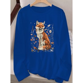 Women's Fox & Floral Graphic Print Long Sleeve T-Shirt - Soft Stretch Crew Neck Casual Top for Spring & Fall, Machine Washable Regular Fit, Medium Elasticity Shirt