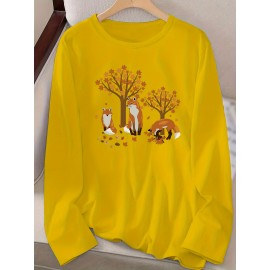 Women's Casual Long Sleeve Crew Neck T-Shirt - Fox & Autumn Leaves Graphic Print, Black with Orange Design, Medium Stretch, Machine Washable, All-Season Comfort Top, Naturethemed Apparel, Nontransparent Fabric