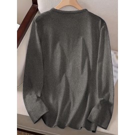 Women's Casual Long Sleeve Crew Neck T-Shirt - Fox & Autumn Leaves Graphic Print, Black with Orange Design, Medium Stretch, Machine Washable, All-Season Comfort Top, Naturethemed Apparel, Nontransparent Fabric