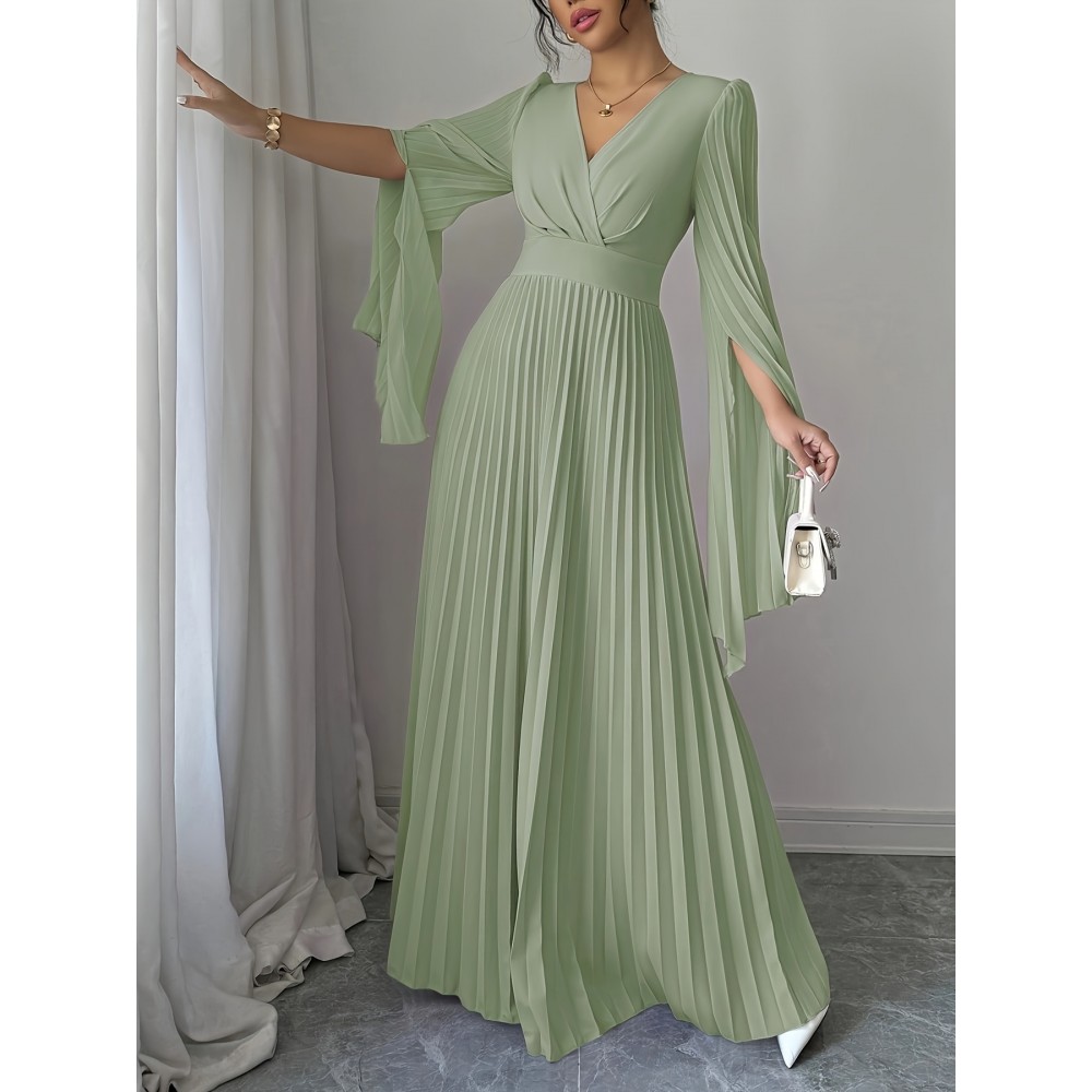 Women's Elegant Long-Sleeve V-Neck Pleated Maxi Dress with Slit for Spring/Summer