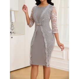 Elegant Dark Gray Lace-Trimmed Midi Dress with 3/4 Sleeves and V-Neck - Slim Fit, Flared Skirt, Zipper Detail, Perfect for All Seasons, Formal Attire|Sleek Fitted Top|Zippered Dress