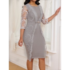 Elegant Dark Gray Lace-Trimmed Midi Dress with 3/4 Sleeves and V-Neck - Slim Fit, Flared Skirt, Zipper Detail, Perfect for All Seasons, Formal Attire|Sleek Fitted Top|Zippered Dress