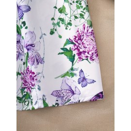 [Elegant Floral Dress] Elegant Floral A-Line Dress | Butterfly Accents, Adjustable Cross Straps, Ruched Waist, Perfect for Beach, Vacation, and Party Wear