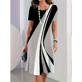 Women's Casual 3D Digital Print Striped A-Line Dress - Long Sleeve Round Neck Loose Fit with Contrast Stripes, Breathable Machine-Washable Spring/Summer Dress for Casual & Semi-Formal Occasions, Summer Fashion, Medium Elasticity Fabric