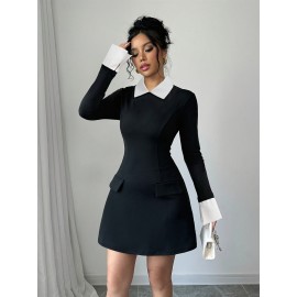 [Elegant Formal Dress] Elegant & Sophisticated Women's Black & White Formal/Office/Party Dress - Long Sleeve Mock Pocket, Structured H-Silhouette, Machine Washable - Professional & Evening Outfits, Office Attire, Polished Finish