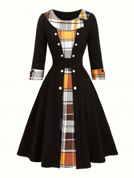Patchwork Checkered Faux Two-Piece Vintage Dress