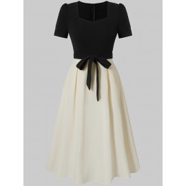 Elegant Square Neck Puff Sleeve Dress with Front Bow Detail - Black & White Color Block, A-Line Silhouette, Lightweight Summer Dress for Women, Cute Dress