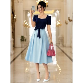 Elegant Square Neck Puff Sleeve Dress with Front Bow Detail - Black & White Color Block, A-Line Silhouette, Lightweight Summer Dress for Women, Cute Dress