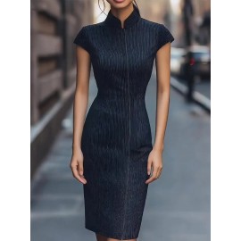 [Elegant Striped Dress] Elegant Women's Striped Dress with Pockets | Zip-Up, Stand Collar, Long Sleeve, Ribbed Texture, Black & White Vertical Stripes | Casual or Formal Occasions, Ladies Dresses