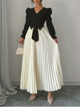 Women's Elegant V-Neck Long Sleeve A-Line Dress with Waist Tie Belt - Pleated Skirt, Machine Washable Solid Color, Spring/Summer Versatile Casual to Formal Wear, Spring Event Attire, Nontransparent Fabric, No Stretch Material