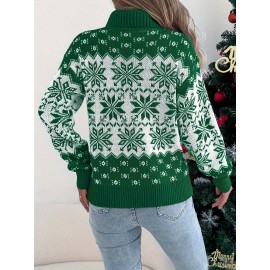 1pc Acrylic Elegant High Neck Long Sleeve Christmas Sweater for Women - Color Block Knit Fabric with Snowflake Pattern, Fall/Winter Season Pullover