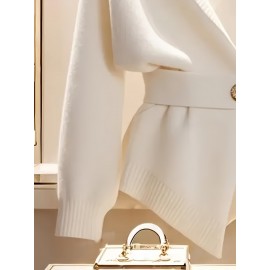 Women's White V-Neck Adjustable Belted Cardigan with Golden Buckle Detail - Soft Long Sleeve Elegant Casual Layering Pullover for Spring and Autumn, Fashionable Weekend Wear