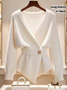 Women's White V-Neck Adjustable Belted Cardigan with Golden Buckle Detail - Soft Long Sleeve Elegant Casual Layering Pullover for Spring and Autumn, Fashionable Weekend Wear