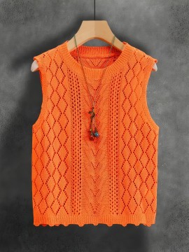 Women's Sleeveless Geometric Cut-Out Vest - Bright Orange Elegant Casual H-Line Regular Fit, All-Season Versatile Layering Piece for Casual Attire, Openwork Pattern, Lightweight Fashion, Summer Wardrobe, Delicate Detailing, Stylish Women