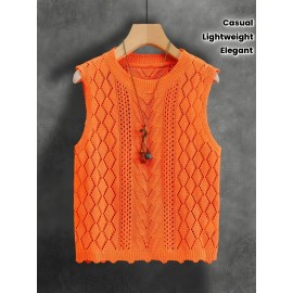 Women's Sleeveless Geometric Cut-Out Vest - Bright Orange Elegant Casual H-Line Regular Fit, All-Season Versatile Layering Piece for Casual Attire, Openwork Pattern, Lightweight Fashion, Summer Wardrobe, Delicate Detailing, Stylish Women