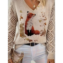 [Elegant Bohemian Top] Bohemian Elegant V-Neck Long Sleeve Top for Women | Animal Print, All-Season Versatile Pullover Sweater - Ideal for Office, Streetwear, Home, and Travel