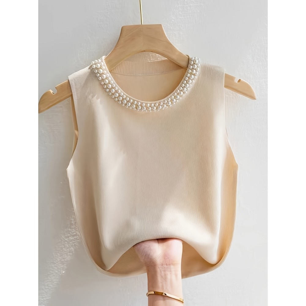 Women'S Elegant Beaded Sleeveless Vest - Solid Color Crew Neck Pullover for Spring/Summer/Fall, Chic Layering Piece with Pearl Embellishments