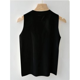 Women'S Elegant Beaded Sleeveless Vest - Solid Color Crew Neck Pullover for Spring/Summer/Fall, Chic Layering Piece with Pearl Embellishments