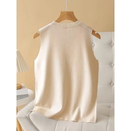 Women'S Elegant Beaded Sleeveless Vest - Solid Color Crew Neck Pullover for Spring/Summer/Fall, Chic Layering Piece with Pearl Embellishments