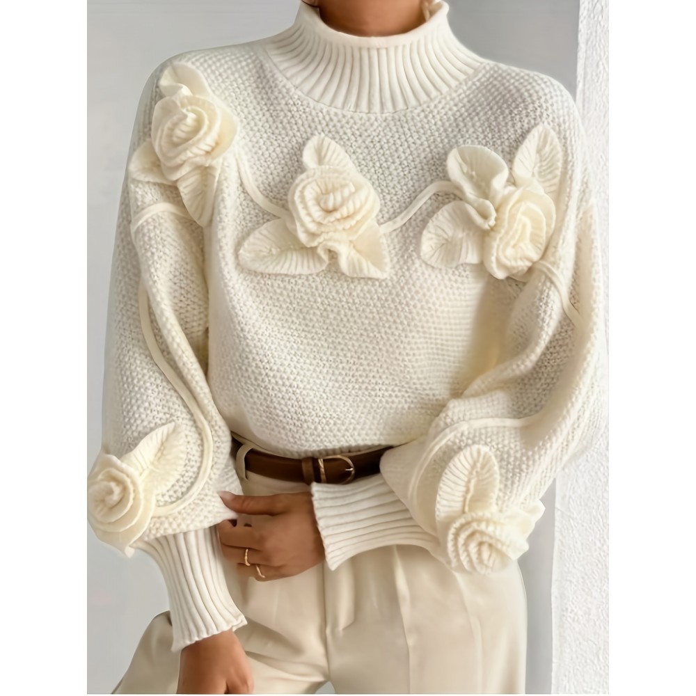 Elegant High-Neck Sweater with 3D Floral Embellishments – Soft, Plush, and Comfortable Fit, Perfect for Fall/Winter, Ideal for Creating a Serene Atmosphere, Casual Wear | Elegant Highneck | Construction, Sweater Dress