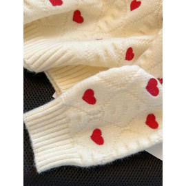 Women's Cozy Winter Sweater with Red Heart Patterns - Cute Round Neck Pullover, Soft Warm for Fall & Winter, Casual Chic Outfits, Cute Sweater, Comfortable Outfit, Details