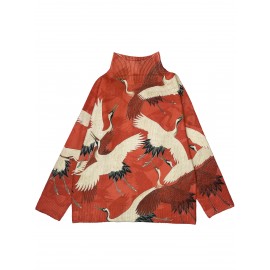 Women's Elegant Turtleneck Sweater - All-Over Crane Print in Red/Beige/Black/White, Soft Warm Pullover for All Seasons, Casual & Formal Wear, Turtleneck Sweater, Allseason Apparel, Highneck Design, Textured Knitwear, Quality Craftsmanship