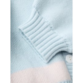 [Cute Sweater] Cozy White Hooded Cardigan Sweater | Women's Casual Pullover with Pastel Rainbow Stripes, Button Front Placket & Pom-Pom Detail, Medium Elasticity, Relaxed Fit, Comfortable Texture, Stylish, Fall Winter Layering Piece