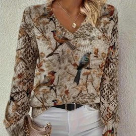 Women'S Elegant V-Neck Sweater - All-Season Long Sleeve Pullover Sweater with Brown/Black/Beige/White/Gray/Blue/Red/Orange/ - Office, Party, Everyday Chic Outfits - Women'S Sweater for Year-Round Wear, Office Attire, Bohemian Style