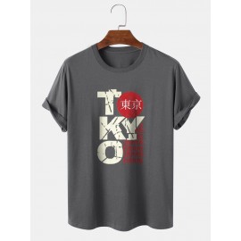 Mens Tokyo Letter Print Street 100% Cotton Short Sleeve T-Shirts