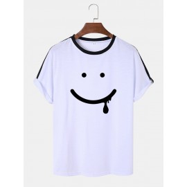 Mens Smile Face Print Side Stripe Street Short Sleeve T-Shirts