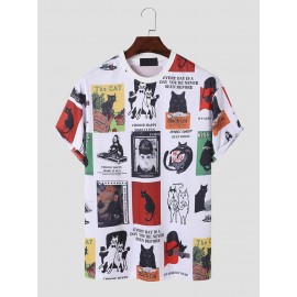 Mens Cat Figure Graphics Crew Neck Short Sleeve T-Shirts