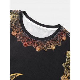 Mens Ombre Star & Moon Print Ethnic Style Short Sleeve T-Shirts