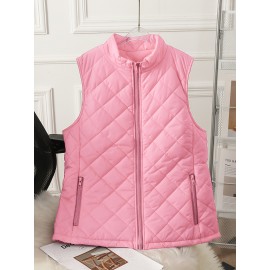 Women's Sleeveless Vest with Zipper Closure - Vibrant Pink Winter Warmth, Stand Collar & Pocket Design, Casual Elegant Solid Color Non-Stretch Fabric for Fall Winter Outdoor Beach Outings, Machine Washable Layering Piece (No Belt, Standard Length)