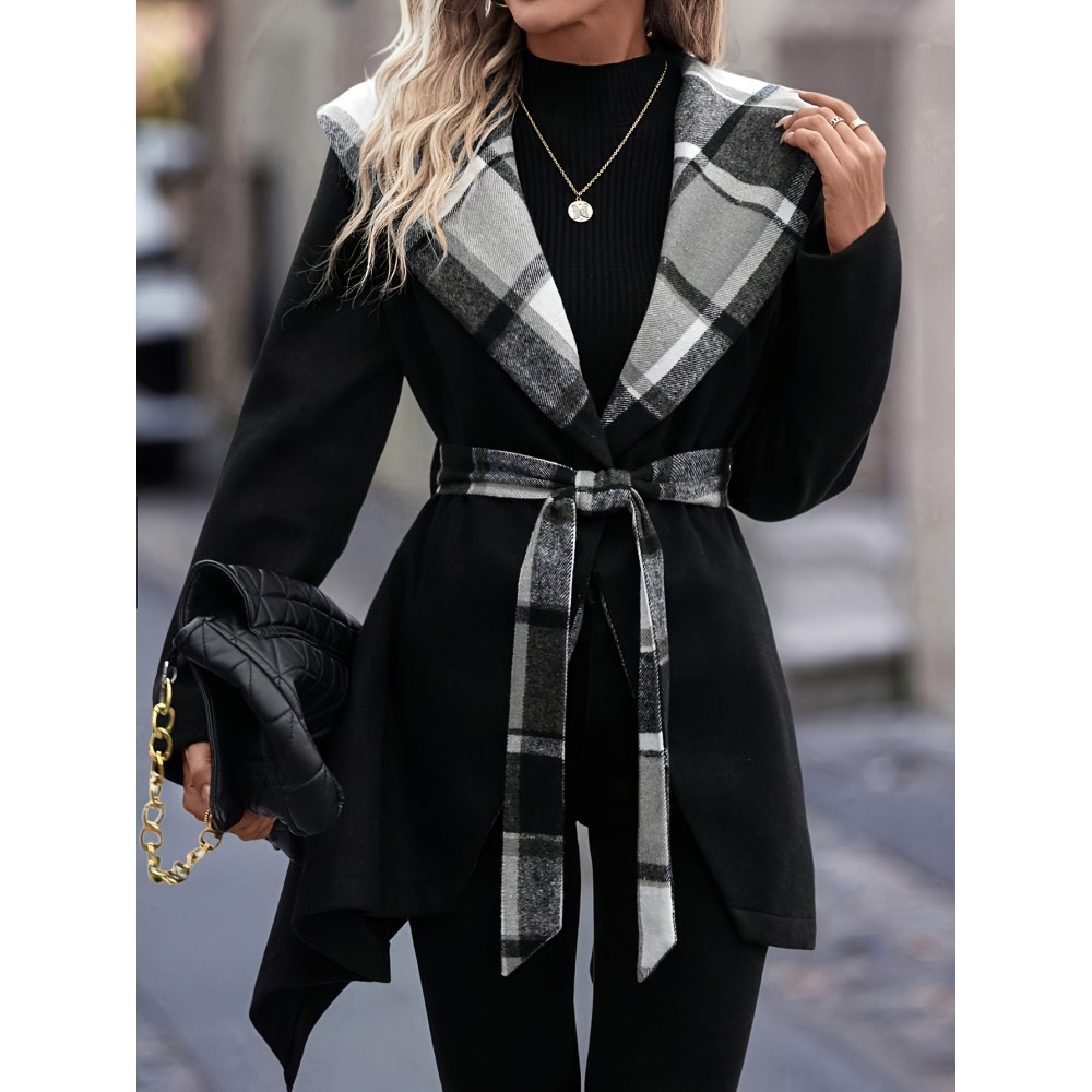 Women'S Elegant Mid-Length Winter Coat with High Neck and Plaid Patchwork Design - Warm, Lightweight, and Stylish for Office or Holiday Season, Warm Weather Jacket | Plaid Pattern Coat | Structured Coat