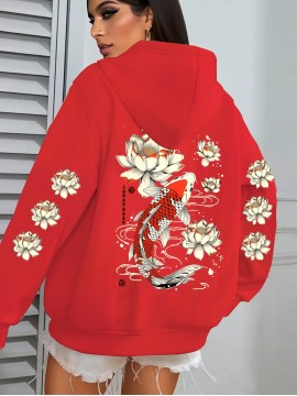 Women's Koi Fish & for Lotus Zip-Up Hoodie Jacket - Dark Green/Red Accents, Front Pockets, Machine Washable Zippered Hooded Sweatshirt for Fall/Winter Casual & Formal Outfits, Winter Wear, Artistic Design, Soft Material, Trend Followers
