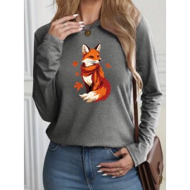 Women's Casual Long Sleeve T-Shirt with Fox & Maple Leaf Geometric Print - Vibrant Orange & Red on Grey, Round Neck, Machine Washable, Spring/Summer Vacation & Casual Attire, Versatile Streetwear, Spring Summer Apparel, Comfortable Fabric