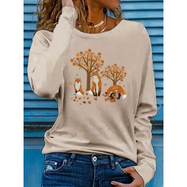 Women's Casual Long Sleeve Crew Neck T-Shirt - Fox & Autumn Leaves Graphic Print, Black with Orange Design, Medium Stretch, Machine Washable, All-Season Comfort Top, Naturethemed Apparel, Nontransparent Fabric
