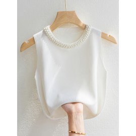 Women'S Elegant Beaded Sleeveless Vest - Solid Color Crew Neck Pullover for Spring/Summer/Fall, Chic Layering Piece with Pearl Embellishments