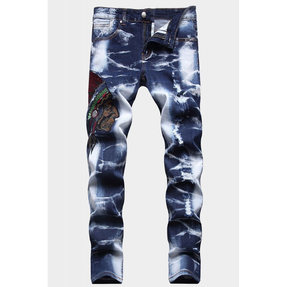 Men's Washed Indian Pattern Embroidery Slim-fit Jeans