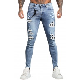 Sky Blue Soccer Print Splicing Skinny High Waist Men's Jeans