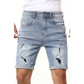 Sky Blue Skulls Graphic Patchwork Rolled High Waist Men's Denim Shorts