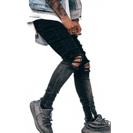 Black Gradient Color Zip-up Distressed Slim-fit Men's Jeans