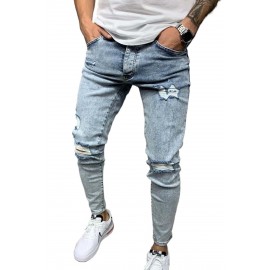 Men's Blue Washed Distressed Slim-fit Jeans